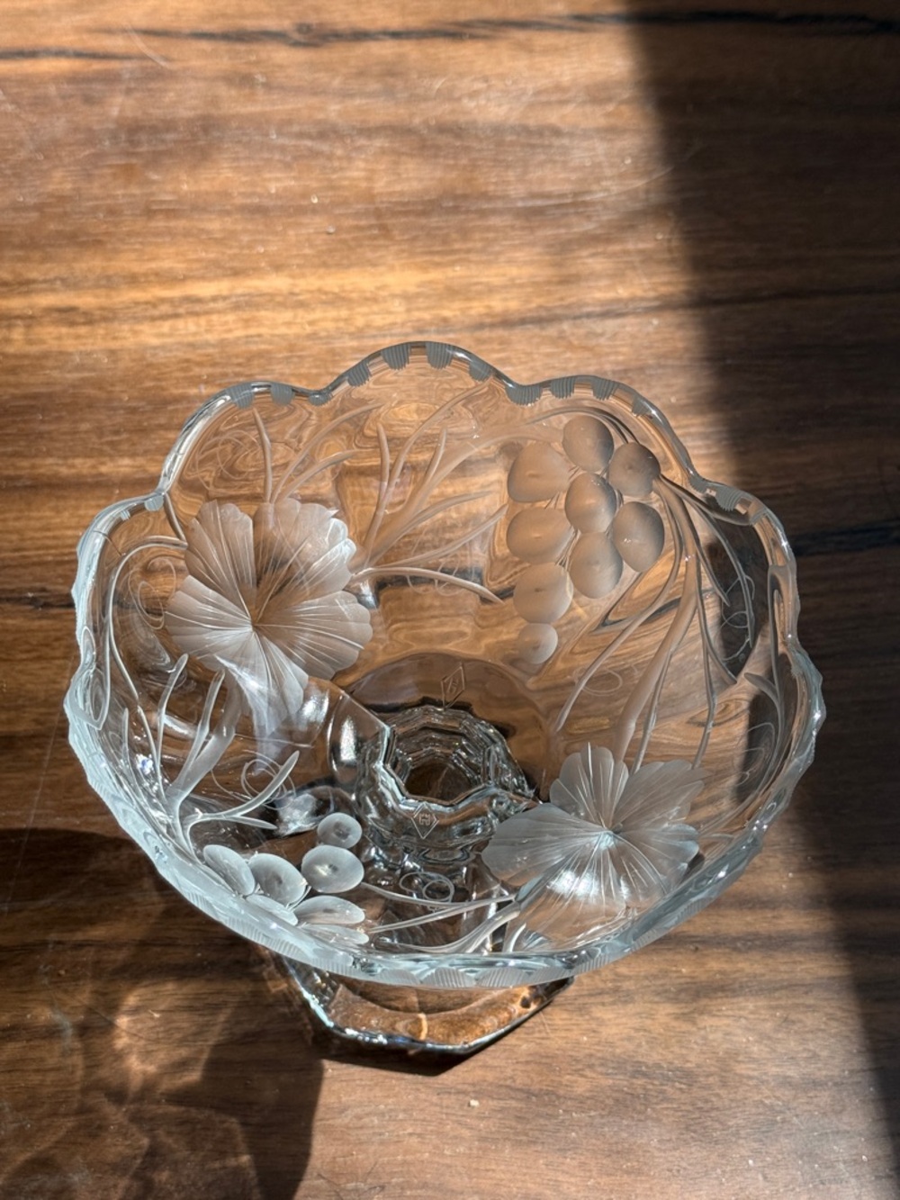 Clear Etched Glass Serving Bowl - Floral Design